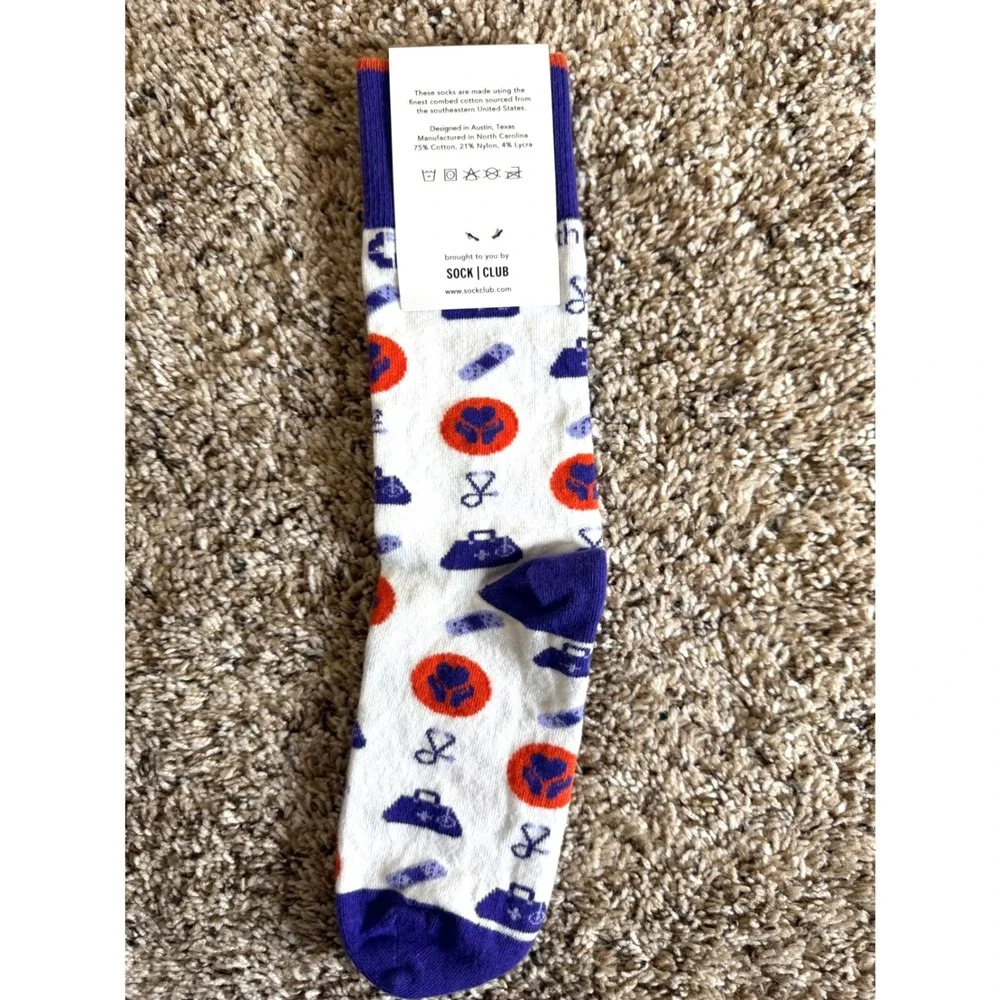 Sock Club NWT Salem Health Philanthropist Medical Crew Socks White Purple Orange